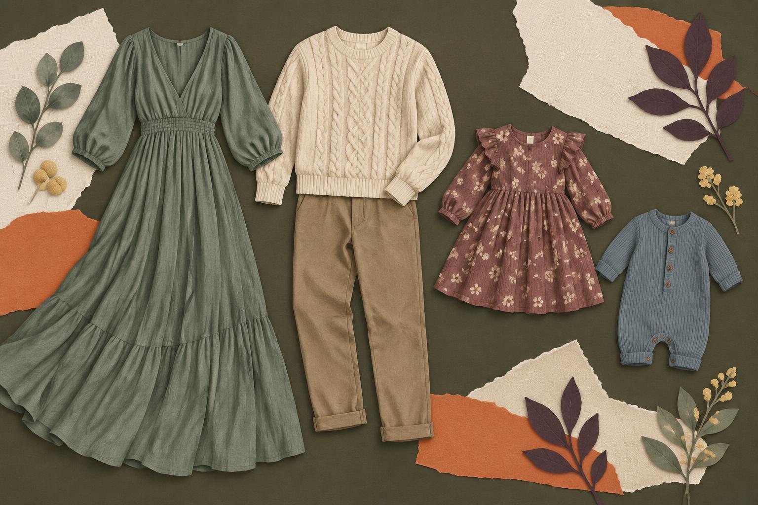 Illustrated family outfit inspiration: a eucalyptus flowy dress, cream sweater and khaki pants, Siena’s floral dress, and Leo’s dusty blue knit romper on an olive backdrop.